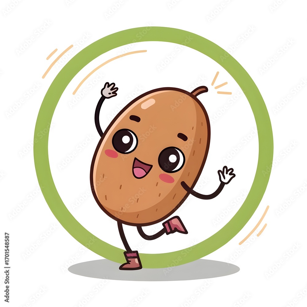 Obraz premium Playful Cute Chibi Pinto Bean Doing a Happy Spin, Adorable Kawaii Cartoon Bean Character Illustration, Whimsical Food Mascot Artwork for Fun Children’s Design