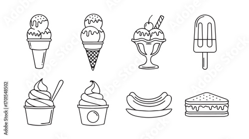 Collection of various ice cream desserts and treats in a simple outline silhouette style
