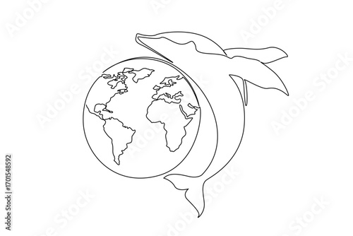 Single one line drawing whale jumps while twisting its body and globe. Clean ocean makes them happy. Maintaining the beauty of the sea. Mother Ocean Day. Continuous line design graphic illustration