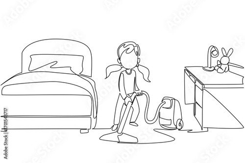 Continuous one line drawing a girl is cleaning her room using a vacuum cleaner. Appropriate technology empowerment. Electric. National Clean Your Room Day. Single line draw design vector illustration