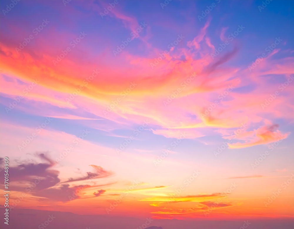 Fototapeta premium A breathtaking sunset sky, painted with vibrant hues of pink, orange, and peach, displays a captivating panorama of clouds.