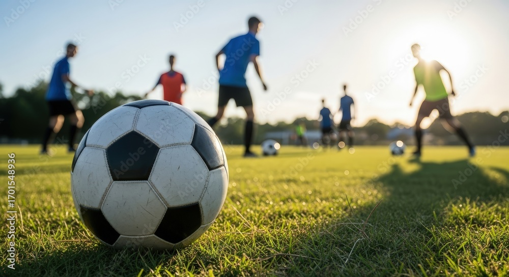 Fototapeta premium Illustration of a soccer ball on green grass with players in the background, capturing the essence of a sports game in action