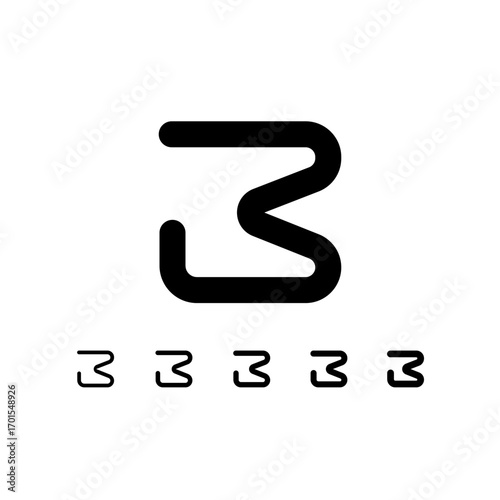 Technical number 3, digital cyber numeral zero, including set of five different thicknesses of the trendy modern number (light, regular, medium, bold, thick), vector illustration 10EPS