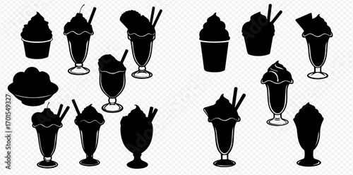 An assortment of ice cream sundae and dessert silhouettes in various glass containers and cups.