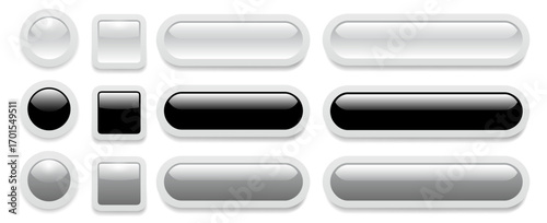Glossy buttons set, collection of white, gray and black buttons for web use.