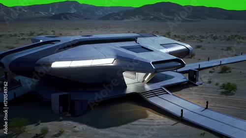 Futuristic, gray spaceship-like structure stands in a desert landscape.