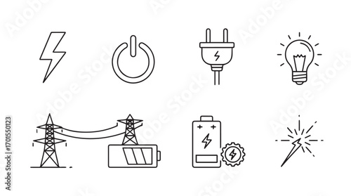 Collection of hand drawn electricity and power icons in a simple silhouette style