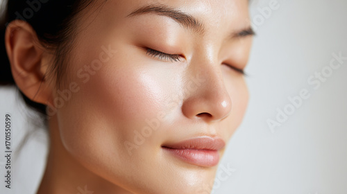 Close up of Japanese woman with clear glowing skin