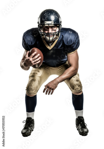 Gritty, determined male American football player, late 20s, in worn uniform, scuffed helmet, intense eyes, cradling football, white studio background. Athletic grit and mental fortitude concept