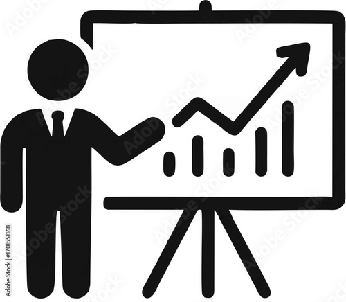 Vector icon of a business presentation with an upward trending graph on a whiteboard, professional and sleek design