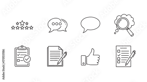 Collection of business and feedback icons in a simple line drawing silhouette style