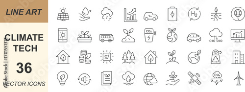 Climate Tech vector icon set with minimal line art designs of renewable energy, solar, wind, recycling, carbon capture, and eco innovation. Perfect for apps, web, green projects, and UI.