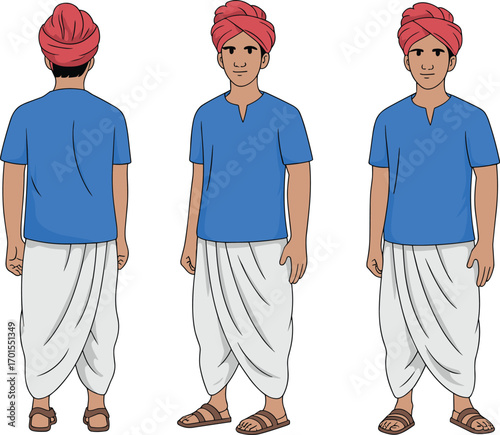 Traditional Indian man character wearing turban, blue kurta, white dhoti, sandals, full body front, side, back view illustration design.