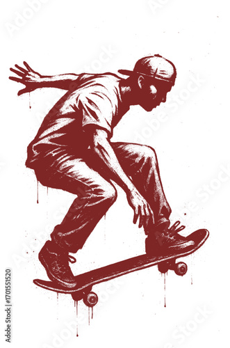 illustration of skateboard athlete in action - graffiti spray paint art style