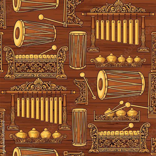 Detailed illustration of traditional Indonesian musical instruments arranged on a wooden background, seamless pattern, Stock royalty.
