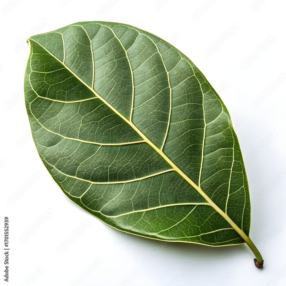 Obraz premium Laurel Fig Leaf Elegant Smooth Green Foliage with Subtle Veins and Glossy Finish Highlighting Exotic Tropical Simplicity on a Pure White Background