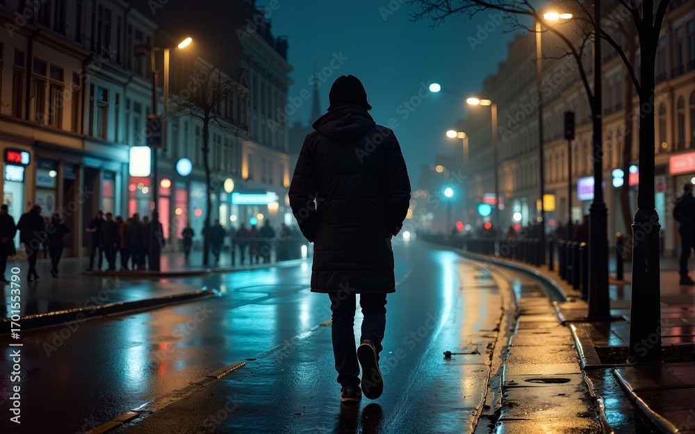 Obraz premium Man Walking Alone in Rainy London Street at Night. High quality
