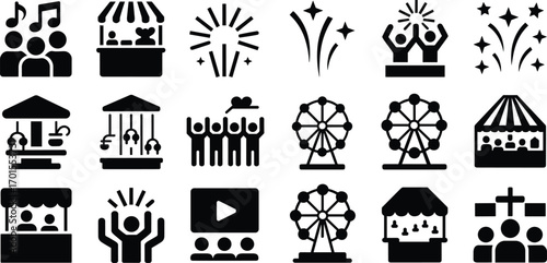 Festival and carnival icons set with ferris wheel, fireworks, music, food stalls, amusement rides, entertainment celebration, fairground vector illustration.