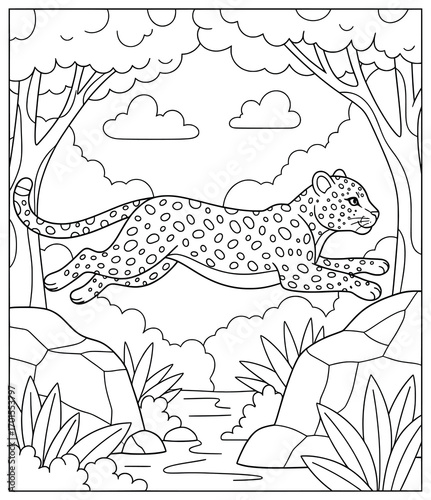 Leopard vector illustration of a wild feline leaping powerfully across a rocky stream in a forest with trees, plants, and clouds above drawn in bold smooth cartoon outlines for wildlife projects