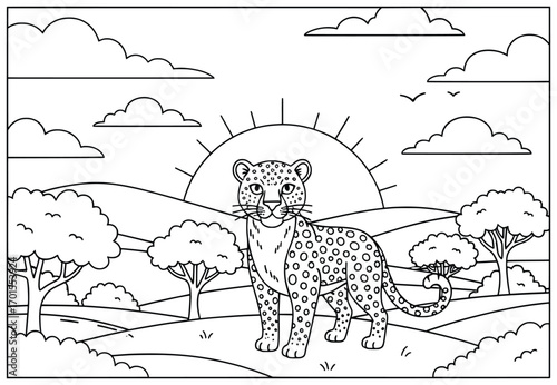 Leopard illustration of a majestic leopard standing proudly in a savanna landscape with trees rolling hills clouds and the sun rising in the background drawn in a simple cartoon black and white vector