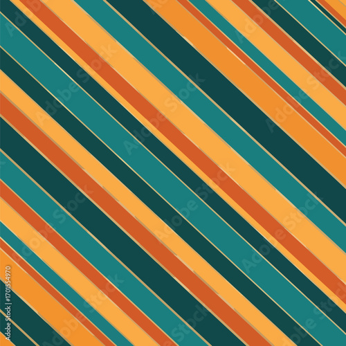 Retro diagonal stripes pattern with teal, orange, and brown shades and gold lines, seamless pattern, royalty stock.