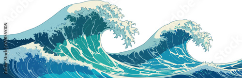 Vector illustration of dramatic ocean waves, inspired by Japanese art, curling sea surf, stylized marine scene perfect for surf, nautical, nature, or beach themes