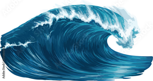 Realistic vector illustration of a powerful ocean wave, curling sea water with foam and spray, perfect for surf, marine, or nautical designs