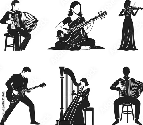 People playing musical instruments silhouette set. A diverse group of performers for live music event branding.
