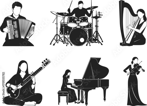 Large set of musician silhouettes playing various musical instruments. Vector collection for concert posters and logos.