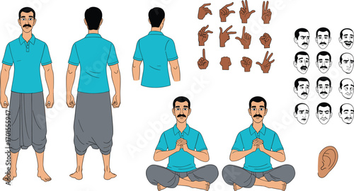 Cartoon man character with different poses, facial expressions, hand gestures, yoga sitting position, animated vector illustration for design, communication, emotion.