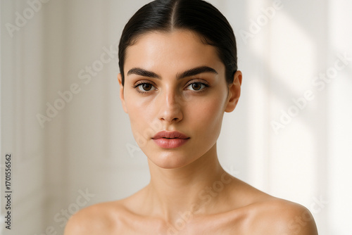 Woman smiling while touching her flawless glowy skin with copy space for your advertisement, skincare	