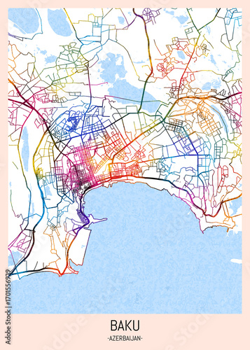 Wallpaper Mural Baku Azerbaijan City Map. downtown tourism, house art travel, scenic metropolis concept, travel art city, patriotic abstract banner Torontodigital.ca