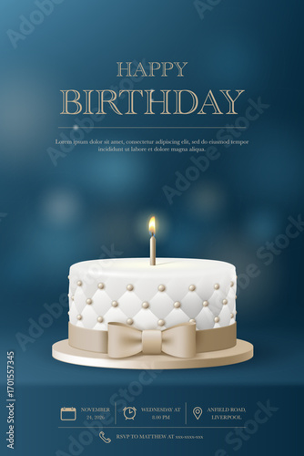 Happy birthday cake template. Luxury birthday greeting card with 3D celebration cake  on blue background for  birthday anniversary party event, Banner, flyer, poster, advertising. Vector