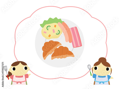 朝食メニューを紹介するエプロン姿の女性　クロワッサン