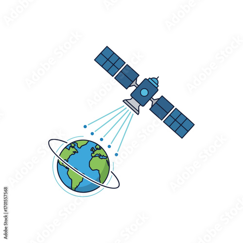 An illustration of a satellite with solar panels in orbit, transmitting communication signals towards the planet Earth.