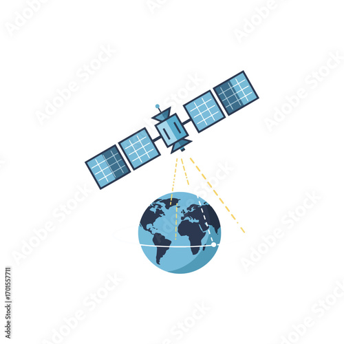 A satellite with solar panels orbits the Earth, transmitting a signal to the planet's surface.