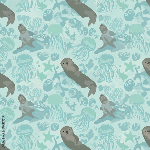 Playful otter and jellyfish seamless pattern on a light blue background, patern seamless, Stock royalty image.