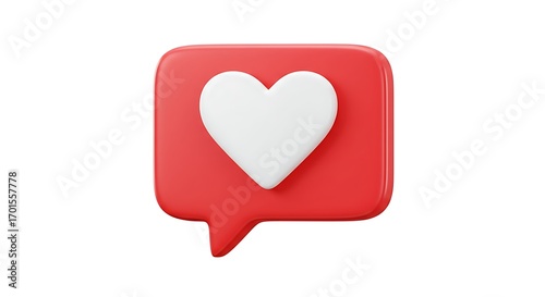 Red speech bubble with white heart 3d render on white background