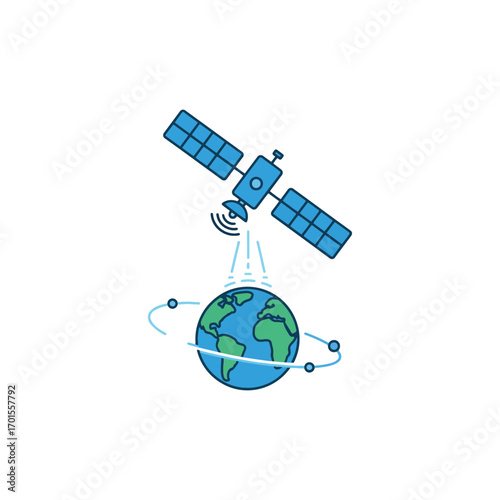A communication satellite with solar panels orbits planet Earth, transmitting a wireless signal to the globe's surface.