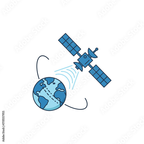 A stylized illustration depicts a satellite orbiting Earth, transmitting signals to the planet.