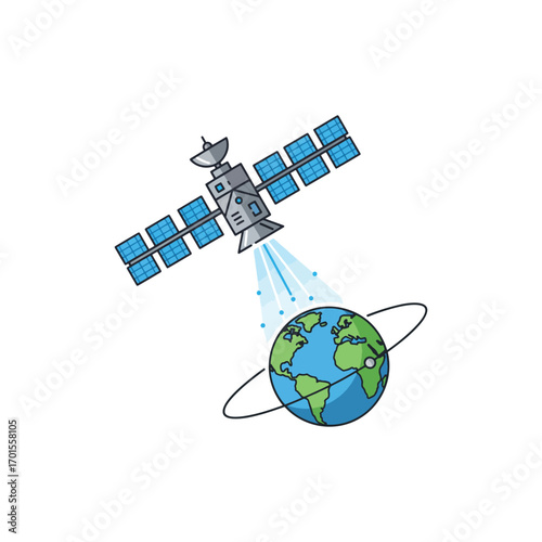 A satellite transmits signals to Earth, orbiting the planet to facilitate communication and data transfer across the globe.