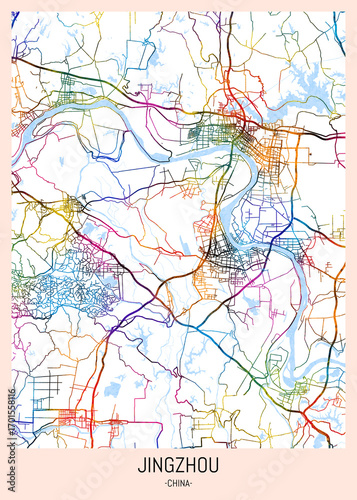 Wallpaper Mural Jingzhou China City Map. downtown tourism, house art travel, scenic metropolis concept, travel art city, patriotic abstract banner Torontodigital.ca