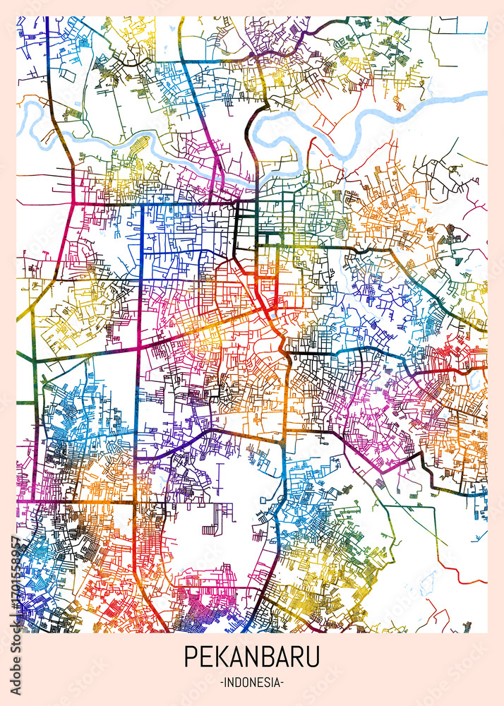 Obraz premium Pekanbaru Indonesia City Map. downtown tourism, house art travel, scenic metropolis concept, travel art city, patriotic abstract banner