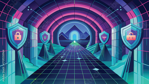 Abstract cybersecurity illustration featuring tunnel with shields and padlocks perfect for data protection concepts