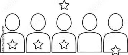 Team leadership recognition illustration with star rating people icons, employee performance evaluation, business success teamwork management concept, professional achievement.