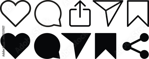 social media icon in flat line set. notification speech bubble for like share save comment buttons Camera Search Heart Home symbols vector for apps or website. isolated on transparent background