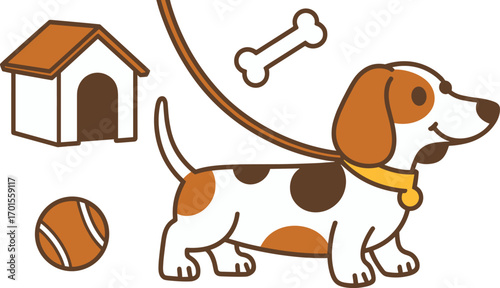 Cute cartoon dog illustration with bone, ball, and doghouse, playful pet animal design, puppy training concept, domestic animal care.