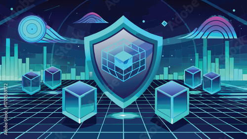Abstract digital futuristic composition with shield and cubes illustrating cybersecurity and data protection