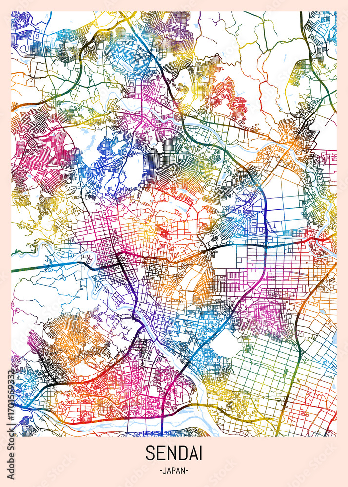 Obraz premium Sendai Japan City Map. downtown tourism, house art travel, scenic metropolis concept, travel art city, patriotic abstract banner