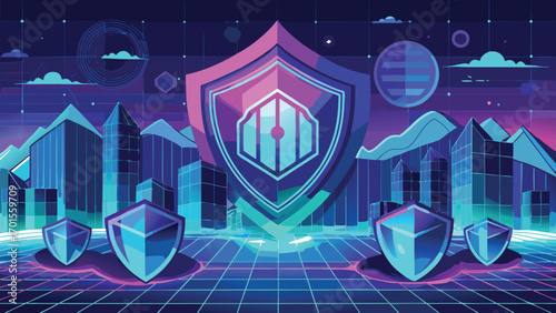Abstract digital security concept featuring shield icon with a futuristic cityscape and grid design elements